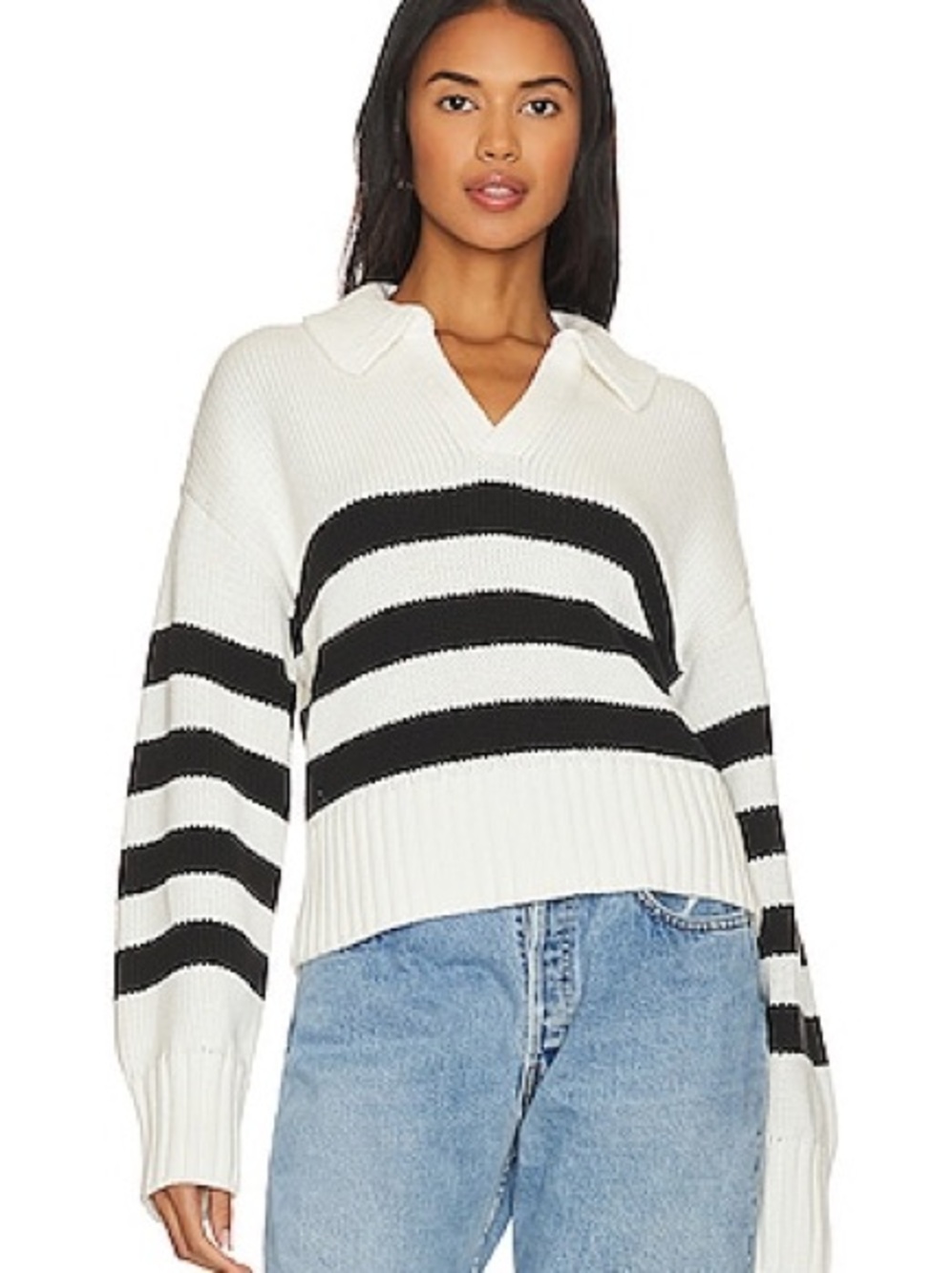 PISTOLA Arlo Striped Collared Sweater Black White 100% Cotton Polo Knit M - Picture 3 of 9